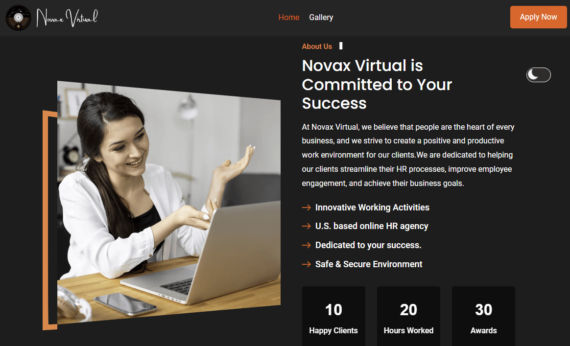 Novax Virtual website section preview